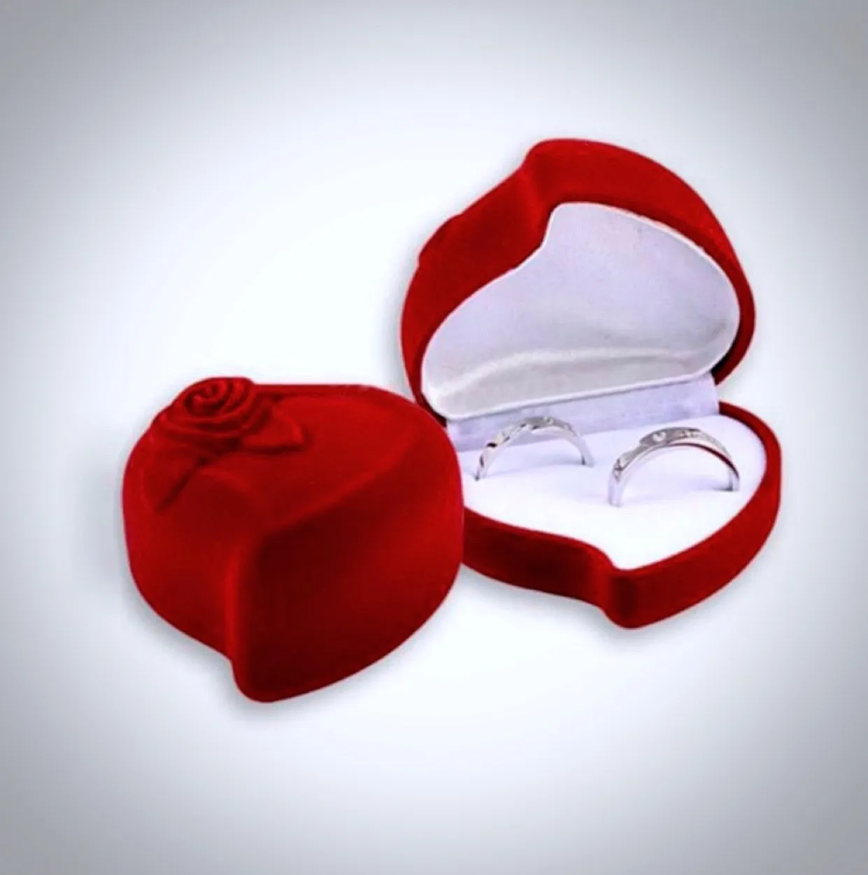 Red Heart-Shaped Velvet Double Ring Box