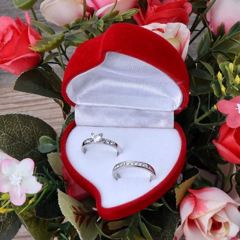 Red Heart-Shaped Velvet Double Ring Box