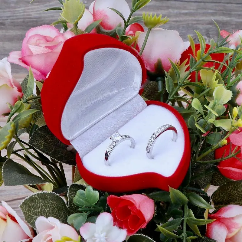 Red Heart-Shaped Velvet Double Ring Box