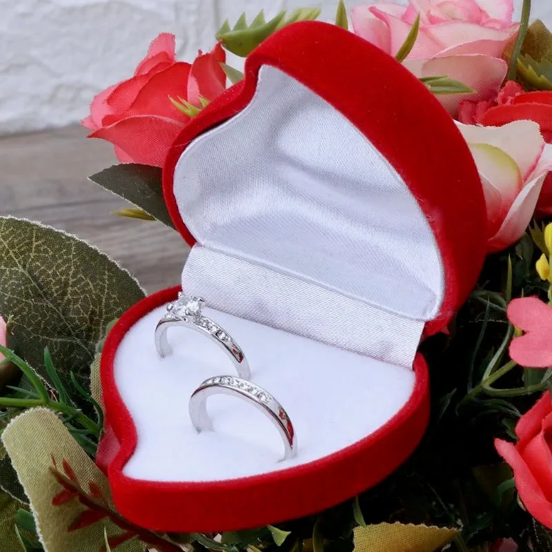 Red Heart-Shaped Velvet Double Ring Box