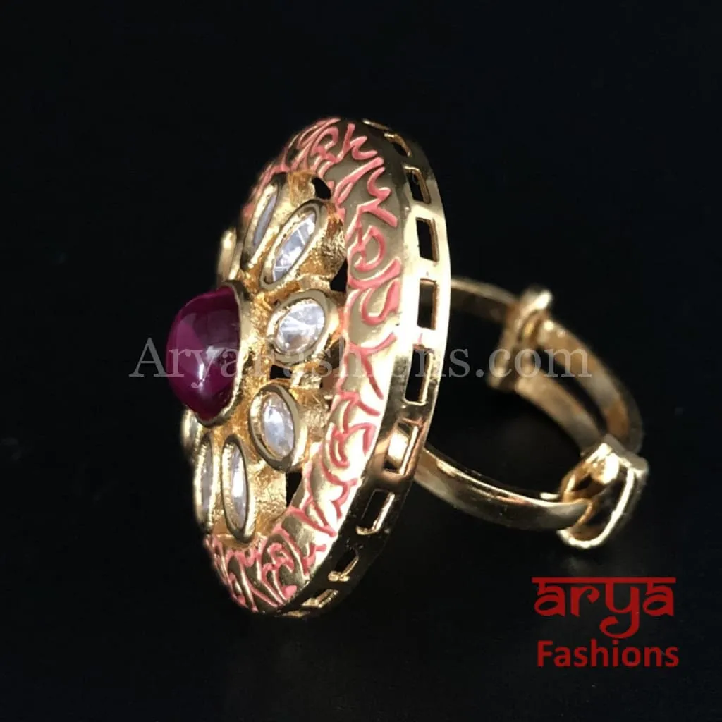 Red Meenakari Kundan Ruby Golden Ring