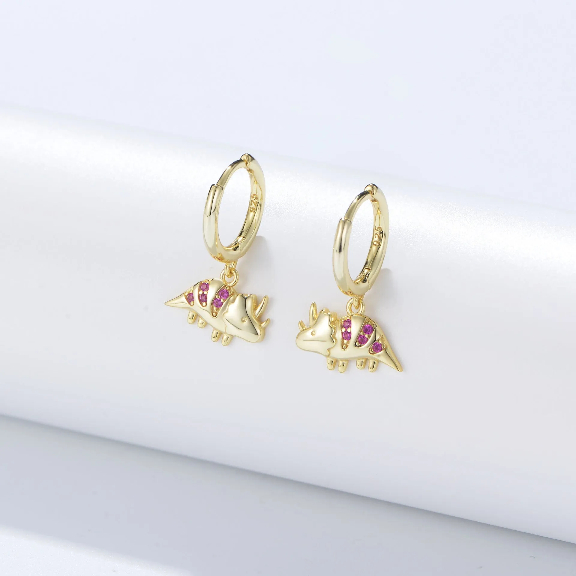 Red Zircon Dinosaur Silver Drop Earrings for Women