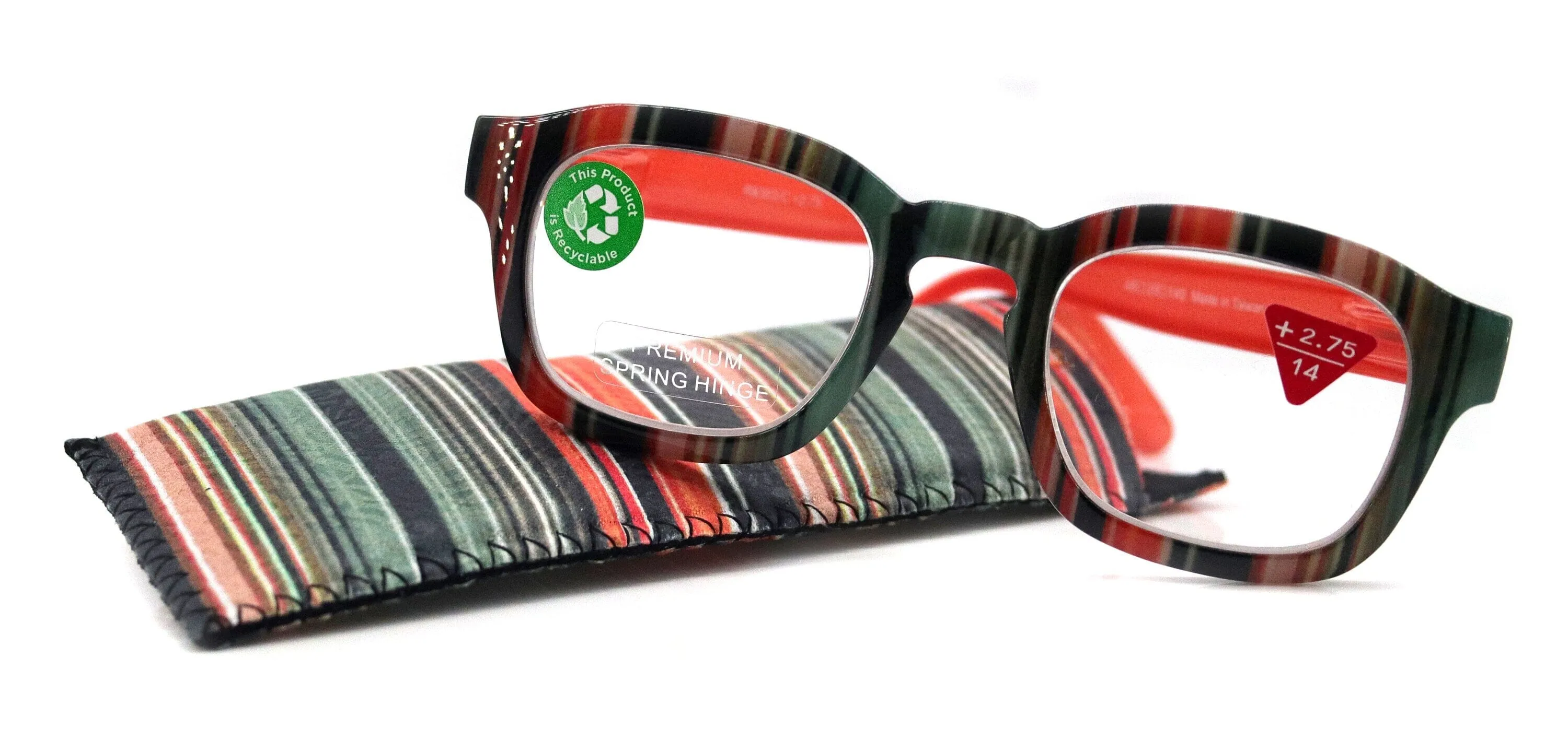 Rivera, (Premium) Reading Glasses, High End Readers  1.25 to  3 Magnifying Eyeglass, Candy (Orange, Green n Black) Square, NY Fifth Avenue.