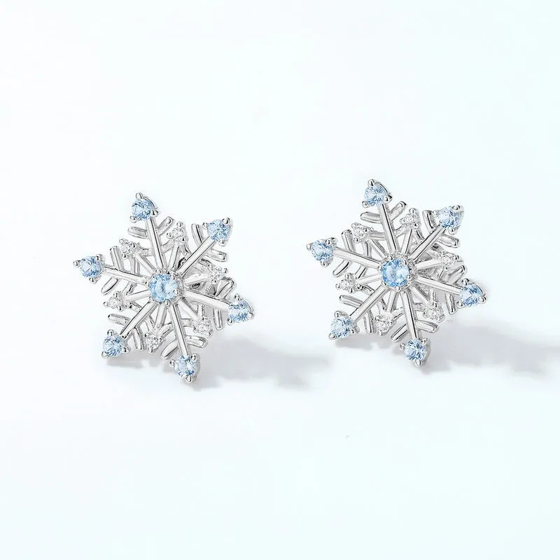 Romantic Blue Spinel Zircon Hexagonal Snowflake Sterling Silver Stud Earrings