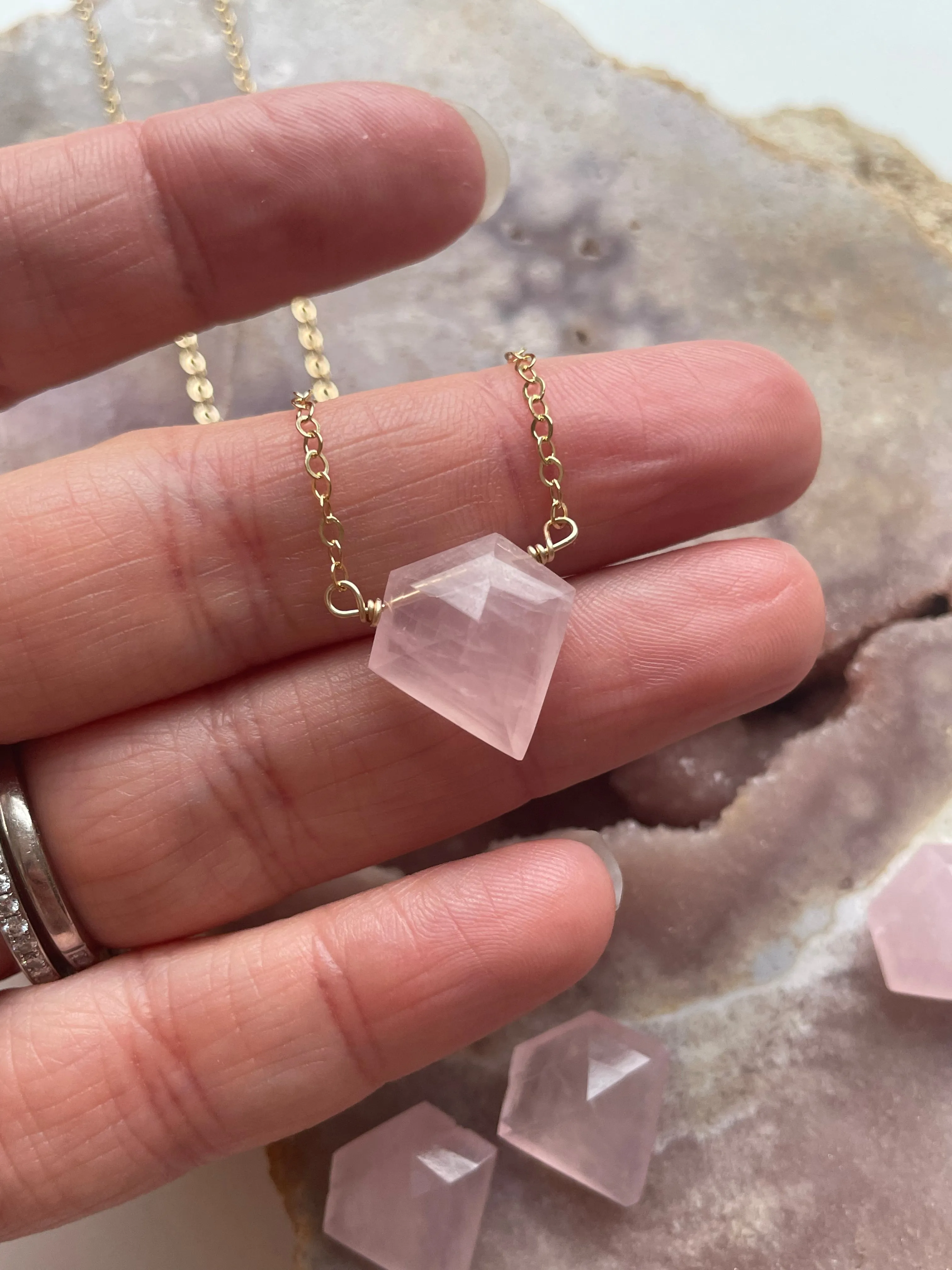 Rose Quartz Crystal Healing Necklace Silver or Gold Filled