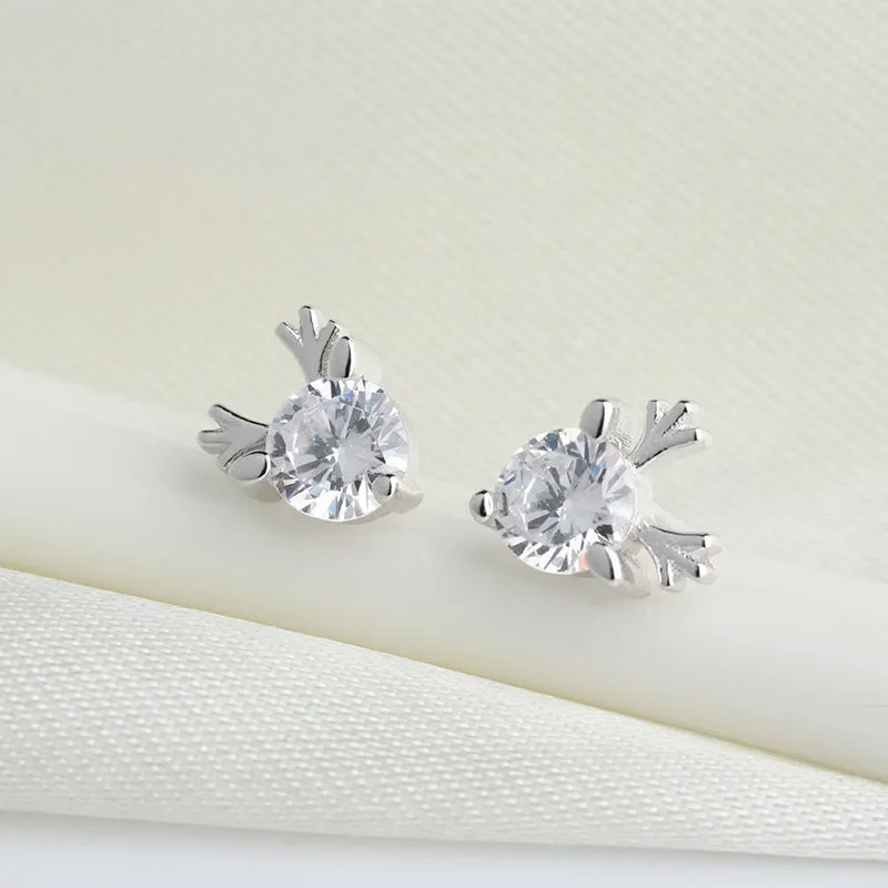 Round Zircon Antler Silver Studs Earrings for Women