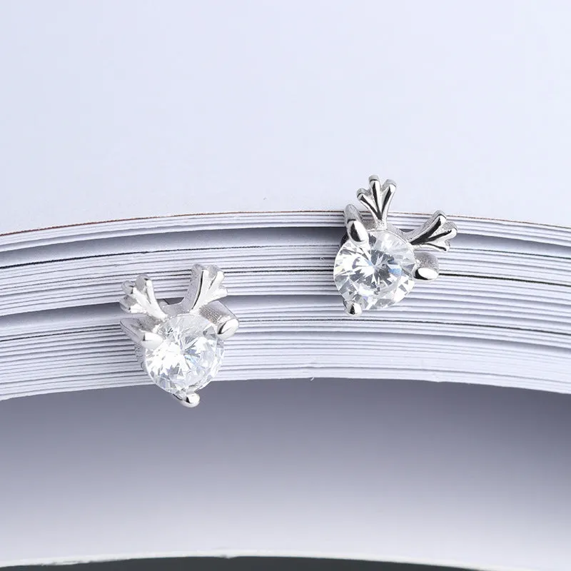 Round Zircon Antler Silver Studs Earrings for Women