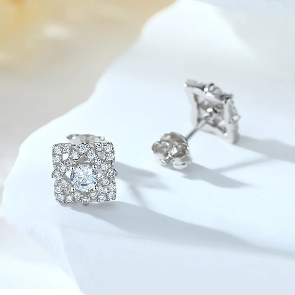 Round Zircon Double Rhombus Shape Sterling Silver Stud Earrings