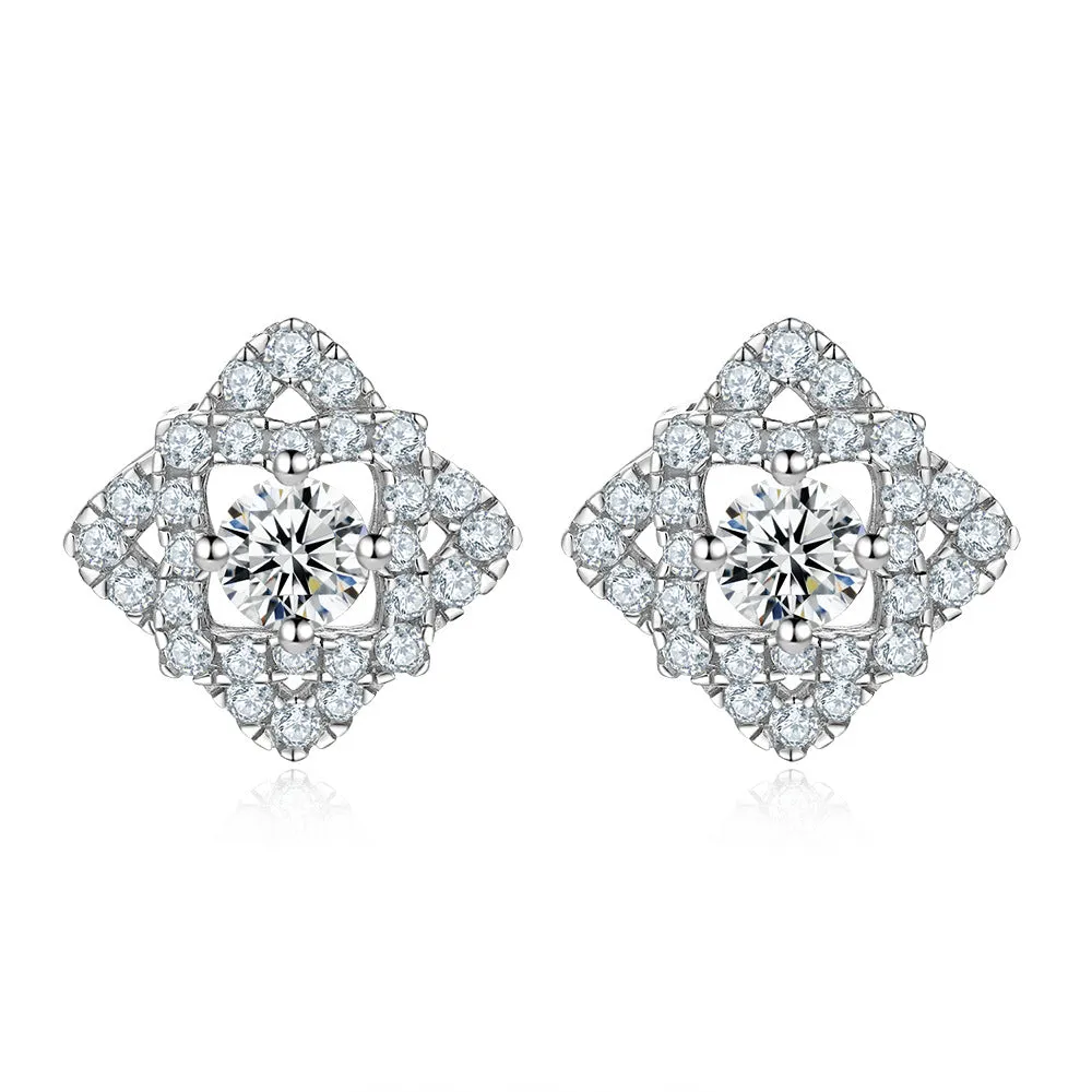 Round Zircon Double Rhombus Shape Sterling Silver Stud Earrings