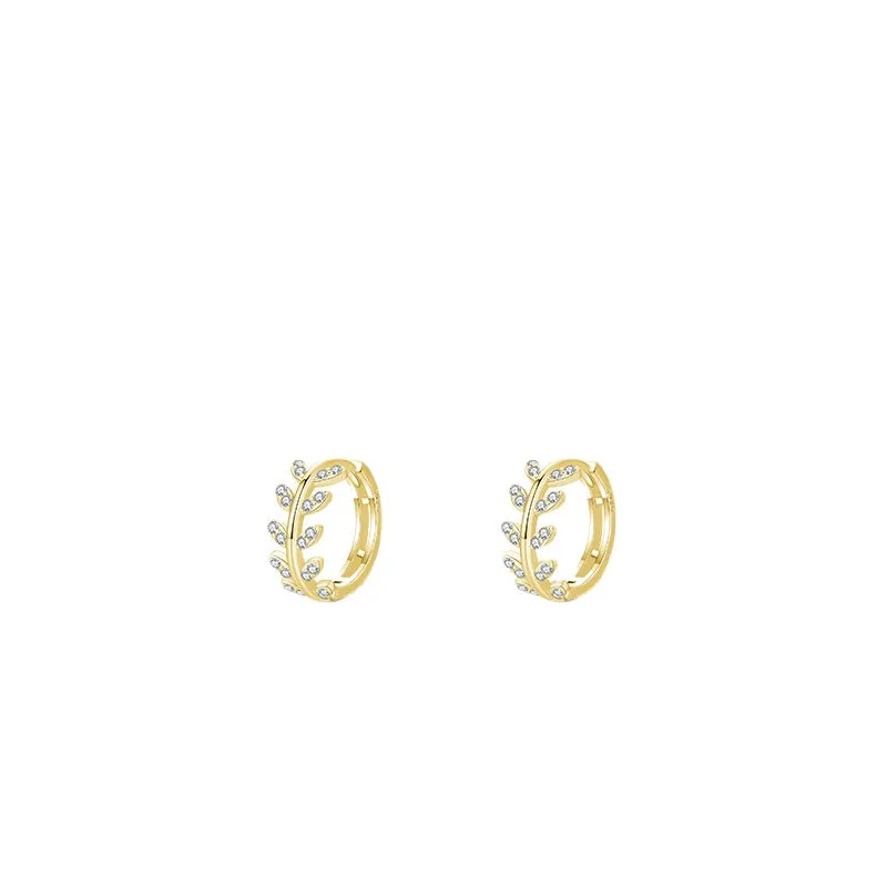 S925 Pure Silver Ear Buckle Earrings with Zircon Inlaid Tree Leaf Design