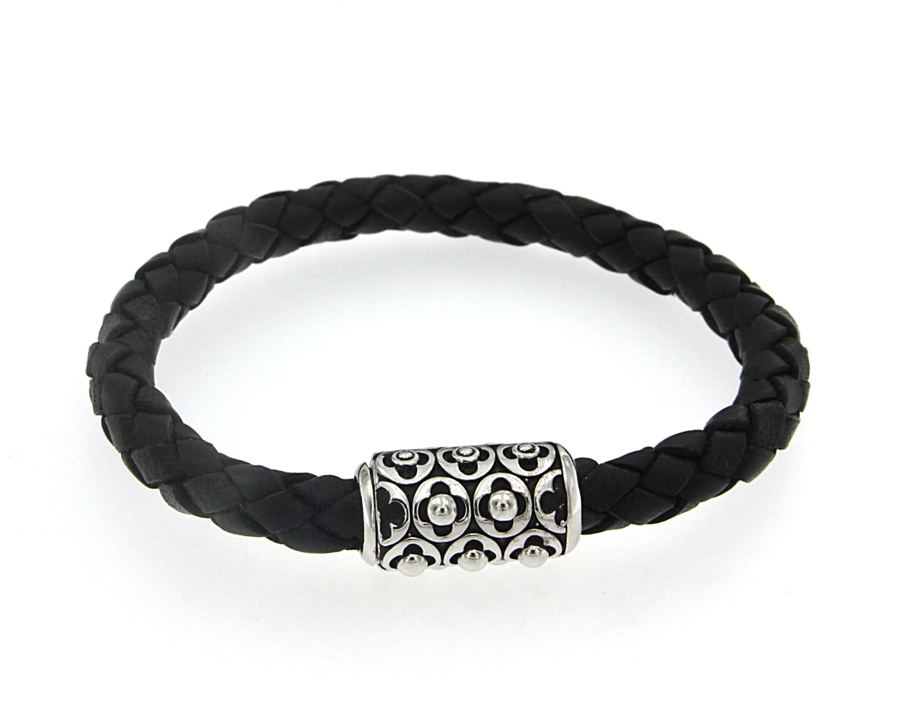 Samuel B. Sterling Silver Men's Imperial Black Leather Bracelet (93411)
