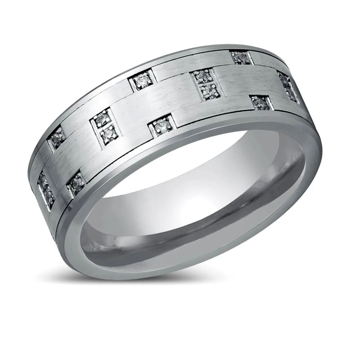 SCINTILLA | Silver Tungsten Ring, Pipe Cut Ring, White CZ Ring