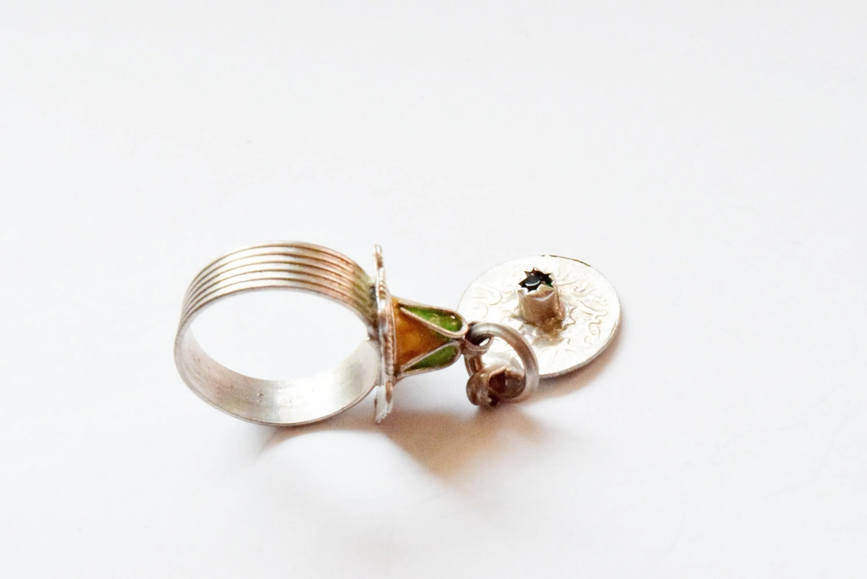 Silver and Enamel Moroccan Berber Ring with Coin