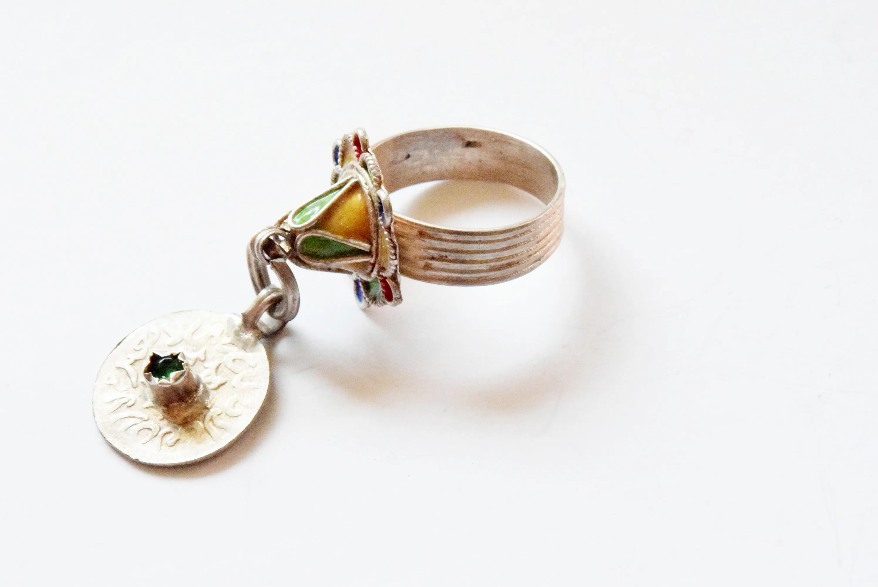 Silver and Enamel Moroccan Berber Ring with Coin