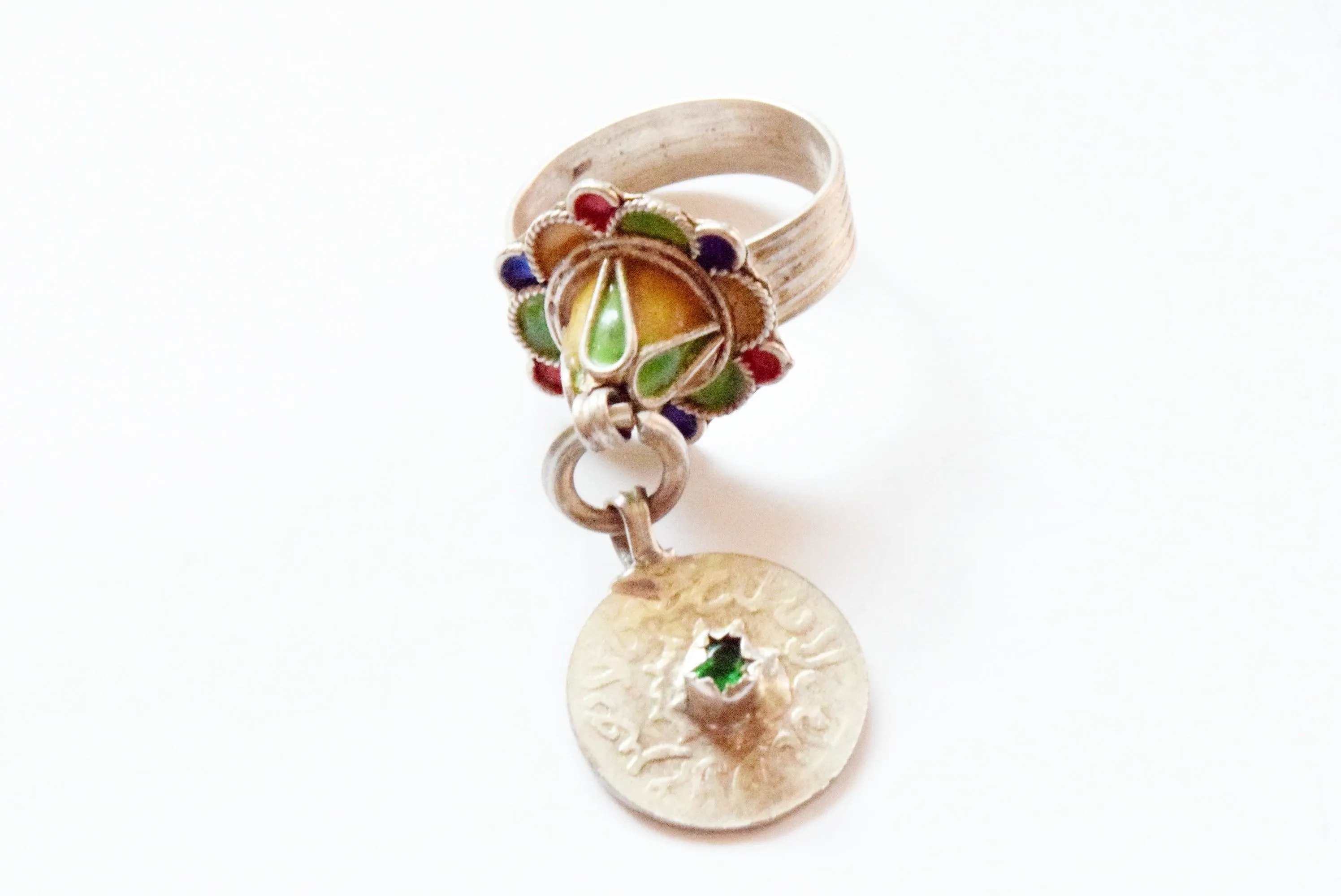 Silver and Enamel Moroccan Berber Ring with Coin