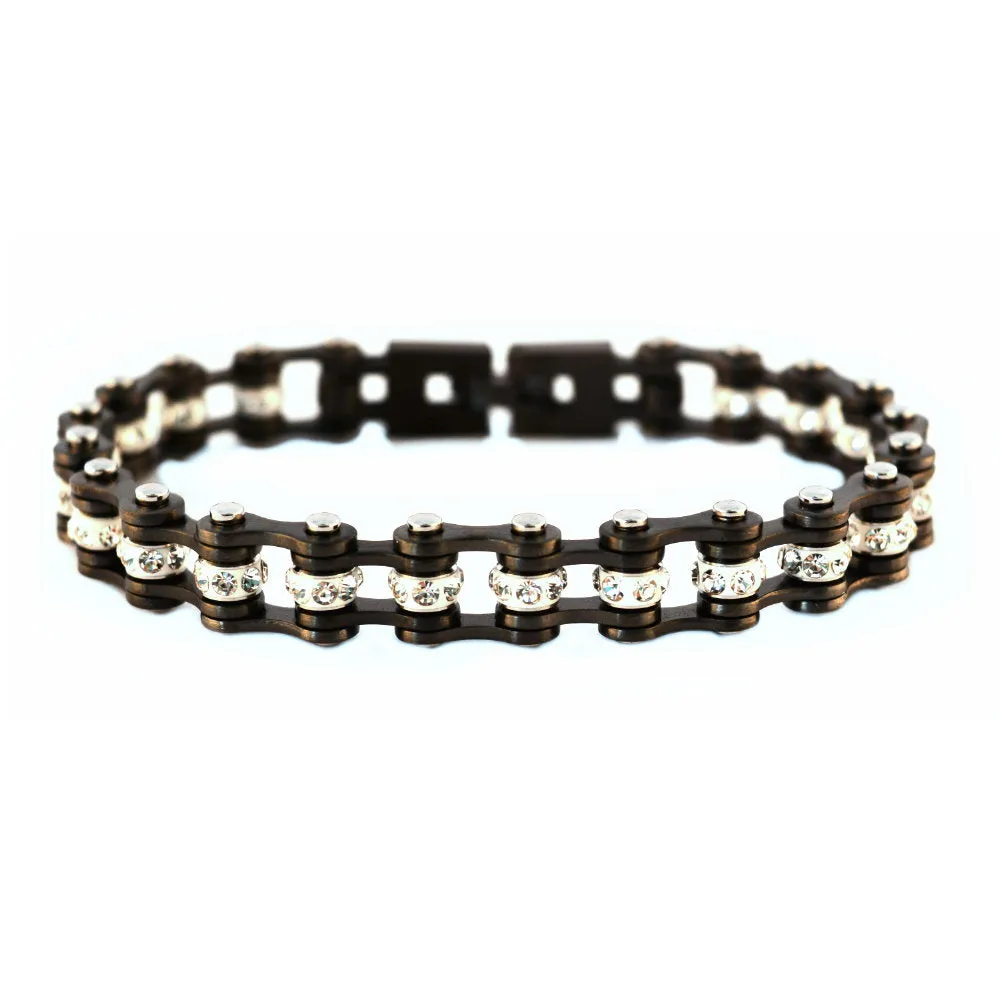 SK2020 3/8" Wide MINI MINI SIZE Gunmetal With White Crystal Centers Stainless Steel Motorcycle Bike Chain Bracelet