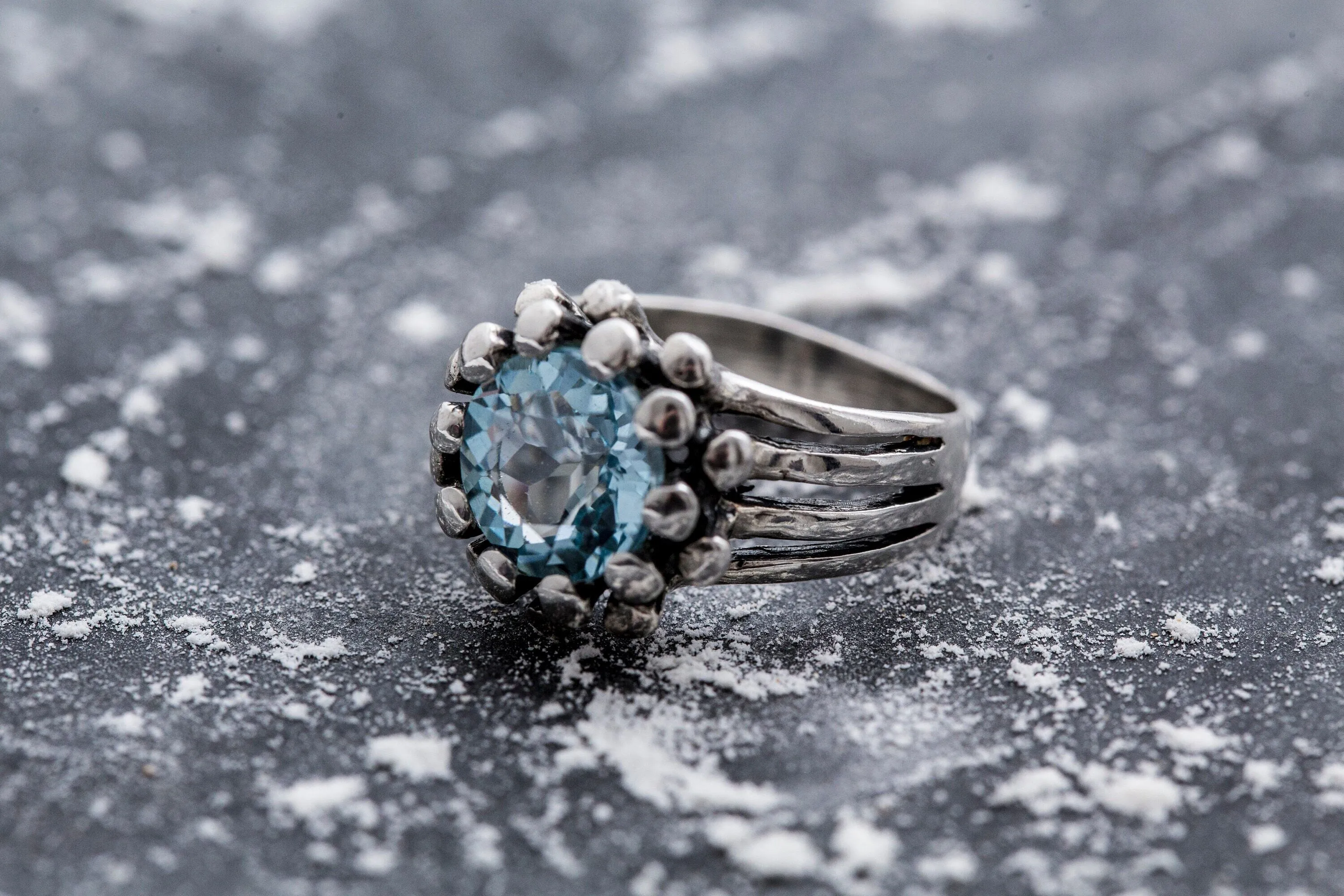 Sky Blue Topaz Ring - Beaded Blue Ring - Silver Coral Ring