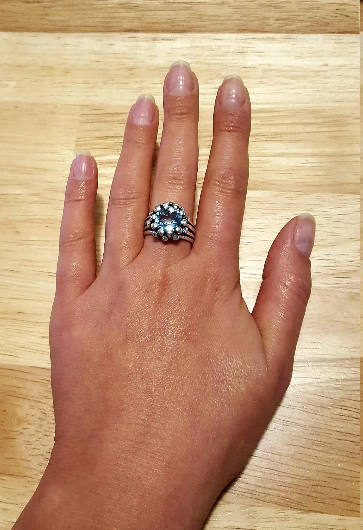 Sky Blue Topaz Ring - Beaded Blue Ring - Silver Coral Ring