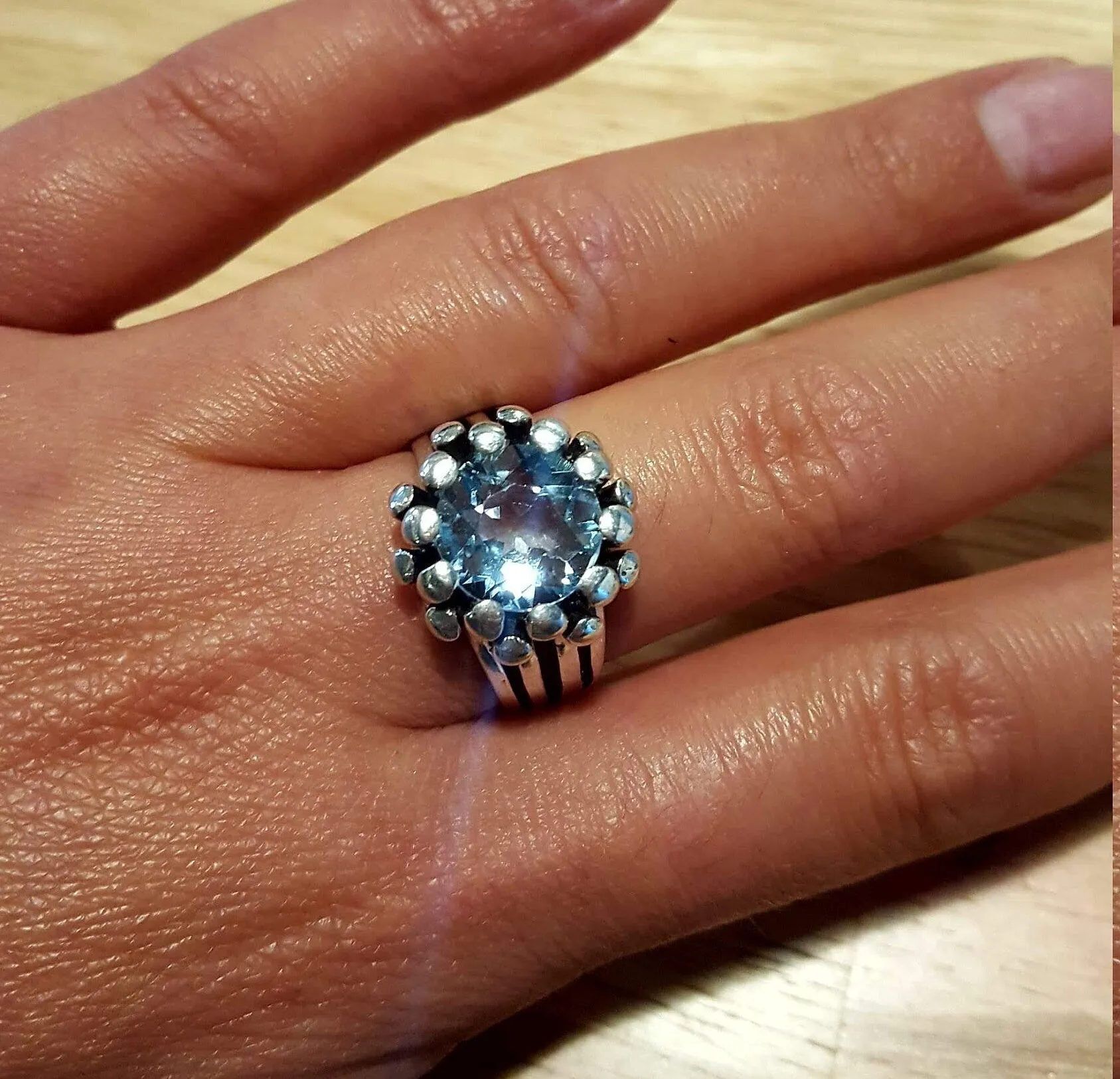 Sky Blue Topaz Ring - Beaded Blue Ring - Silver Coral Ring