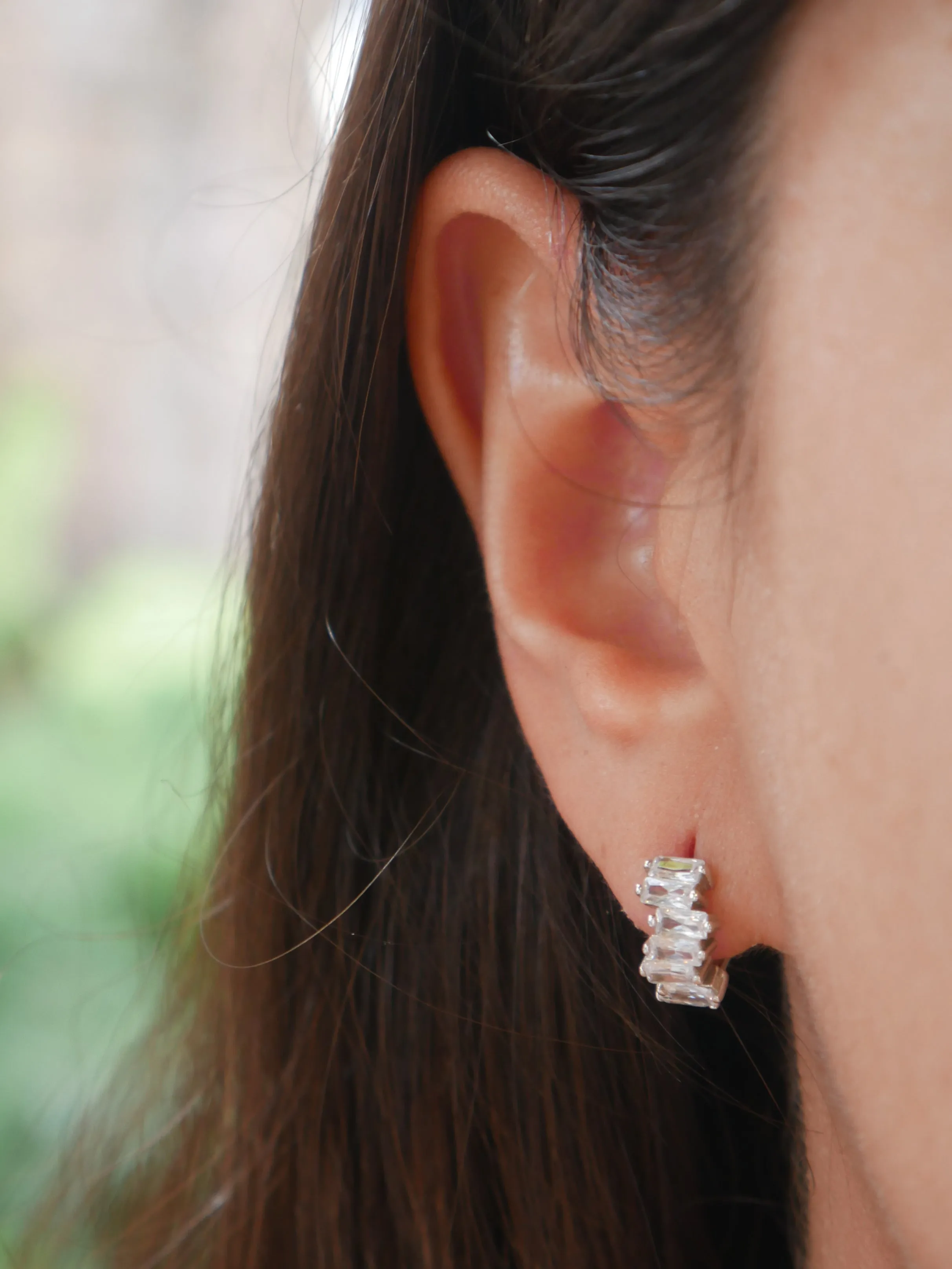 Small Hoop Earrings, .925 Sterling Silver Irregular Baguette Diamond CZ Huggie Hoop Earrings