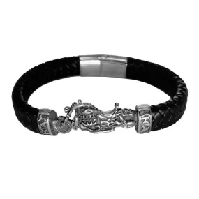 Stainless Steel Motorcycle Charmed Leather Biker Bracelet