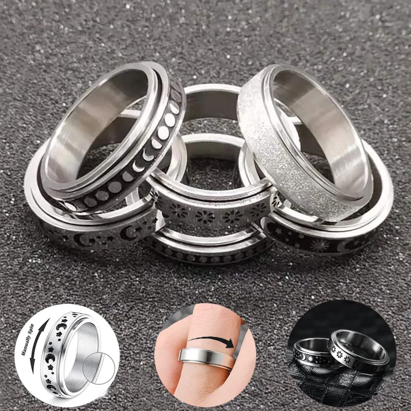Stainless Steel Rotatable Spinner Ring Moon Stars Sterling Silve