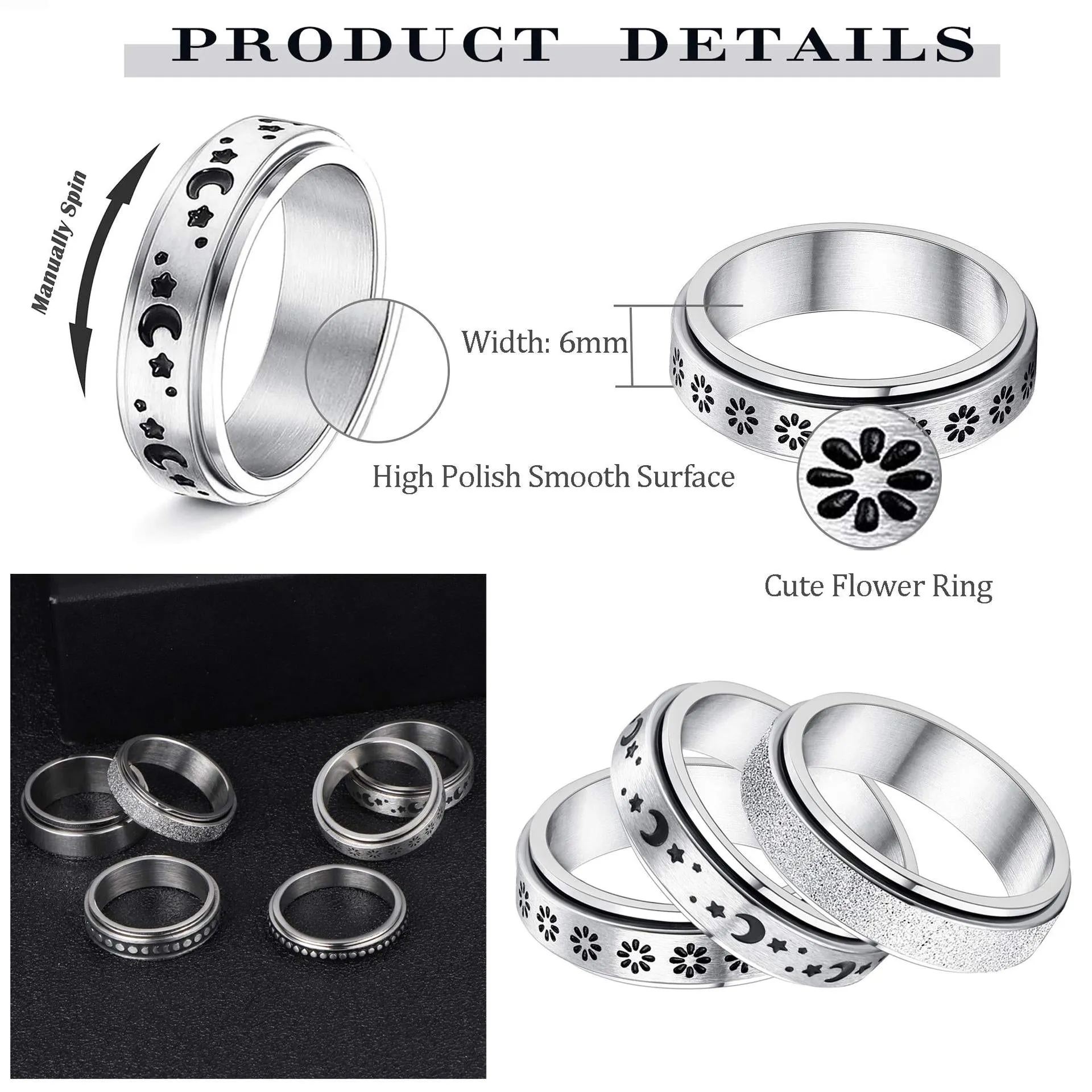 Stainless Steel Rotatable Spinner Ring Moon Stars Sterling Silve