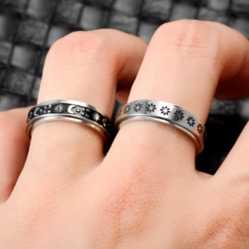 Stainless Steel Rotatable Spinner Ring Moon Stars Sterling Silve