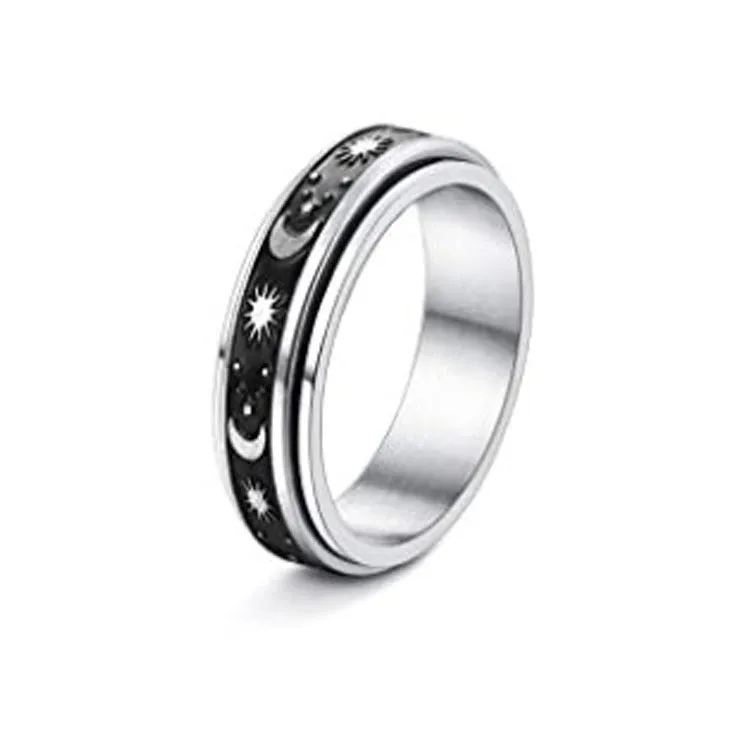 Stainless Steel Rotatable Spinner Ring Moon Stars Sterling Silve
