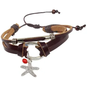 Starfish Charm Adjustable Leather Bracelet for Women w/Huayruro Seed