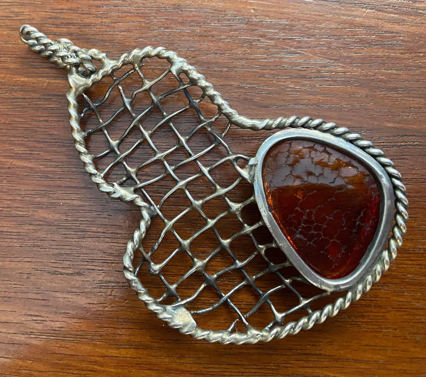 Sterling Silver 925 Large Wire Amber Cabochon Artist Necklace Pendant