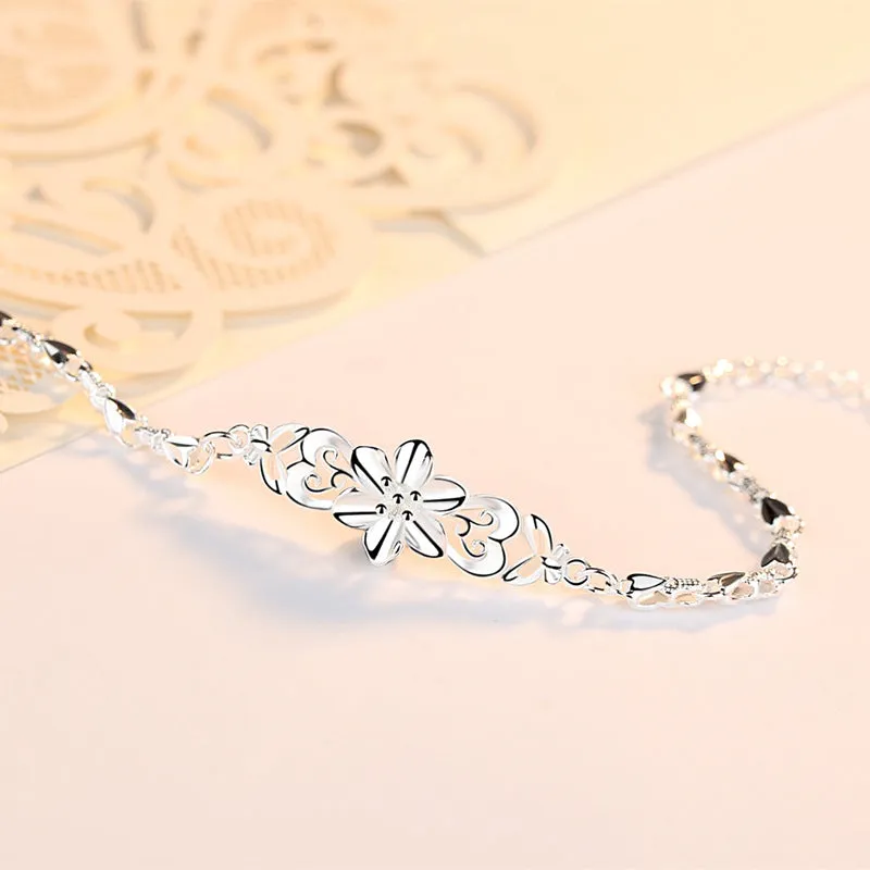 Sterling Silver with Butterfly Love Flower Pendant Bracelet