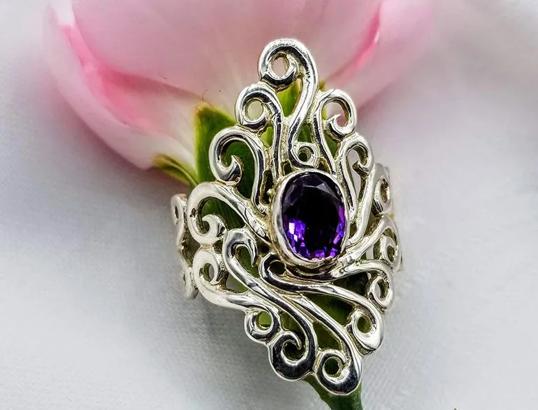 Sterling Swirling Flame Amethyst Ring