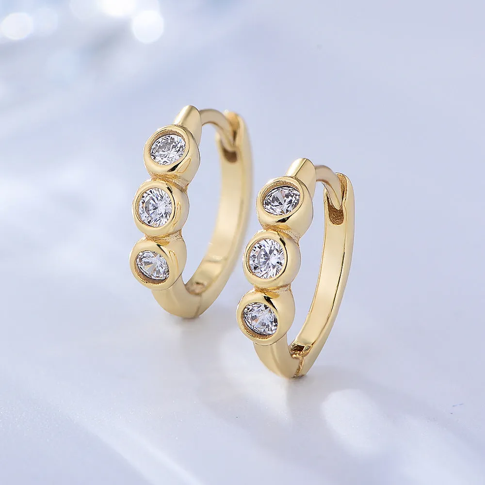 Three Zircon Silver Hoop Earrings for Women