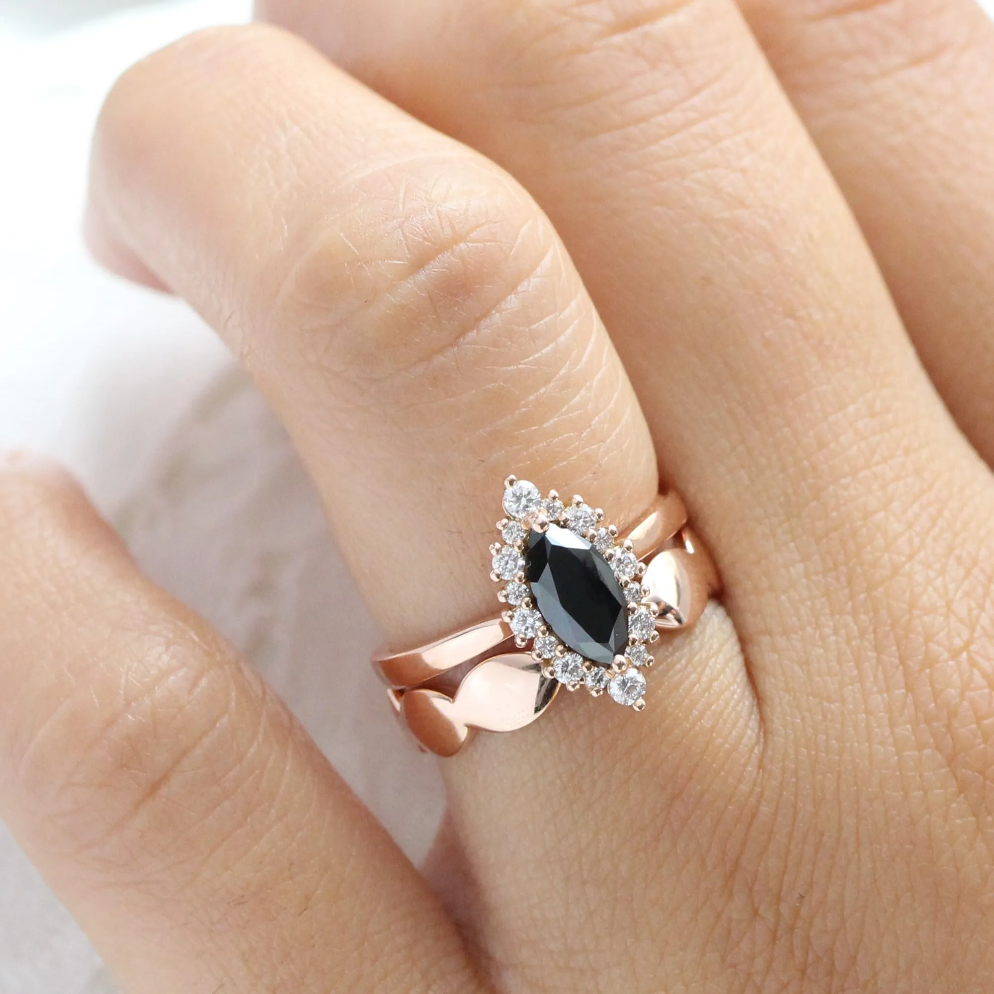Tiara Halo Marquise Black Diamond Stack w/ Scalloped Wide Wedding Band