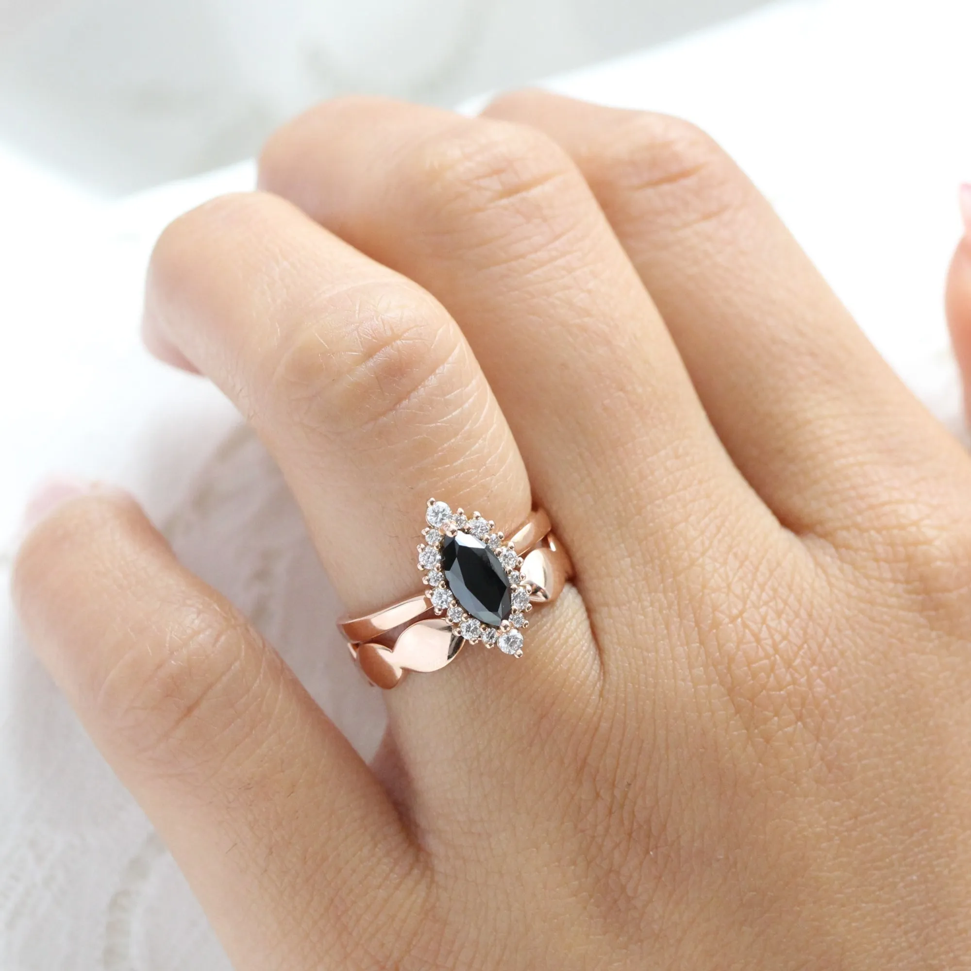 Tiara Halo Marquise Black Diamond Stack w/ Scalloped Wide Wedding Band