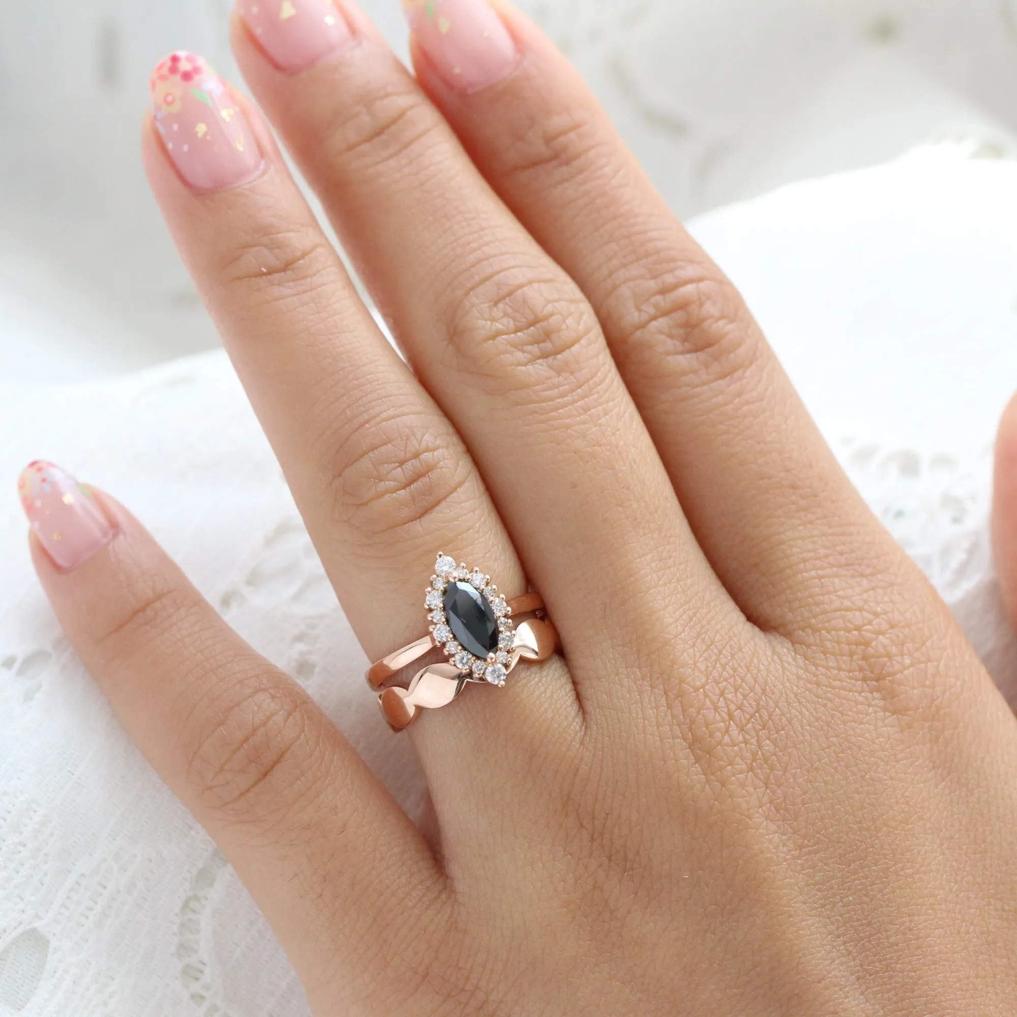 Tiara Halo Marquise Black Diamond Stack w/ Scalloped Wide Wedding Band