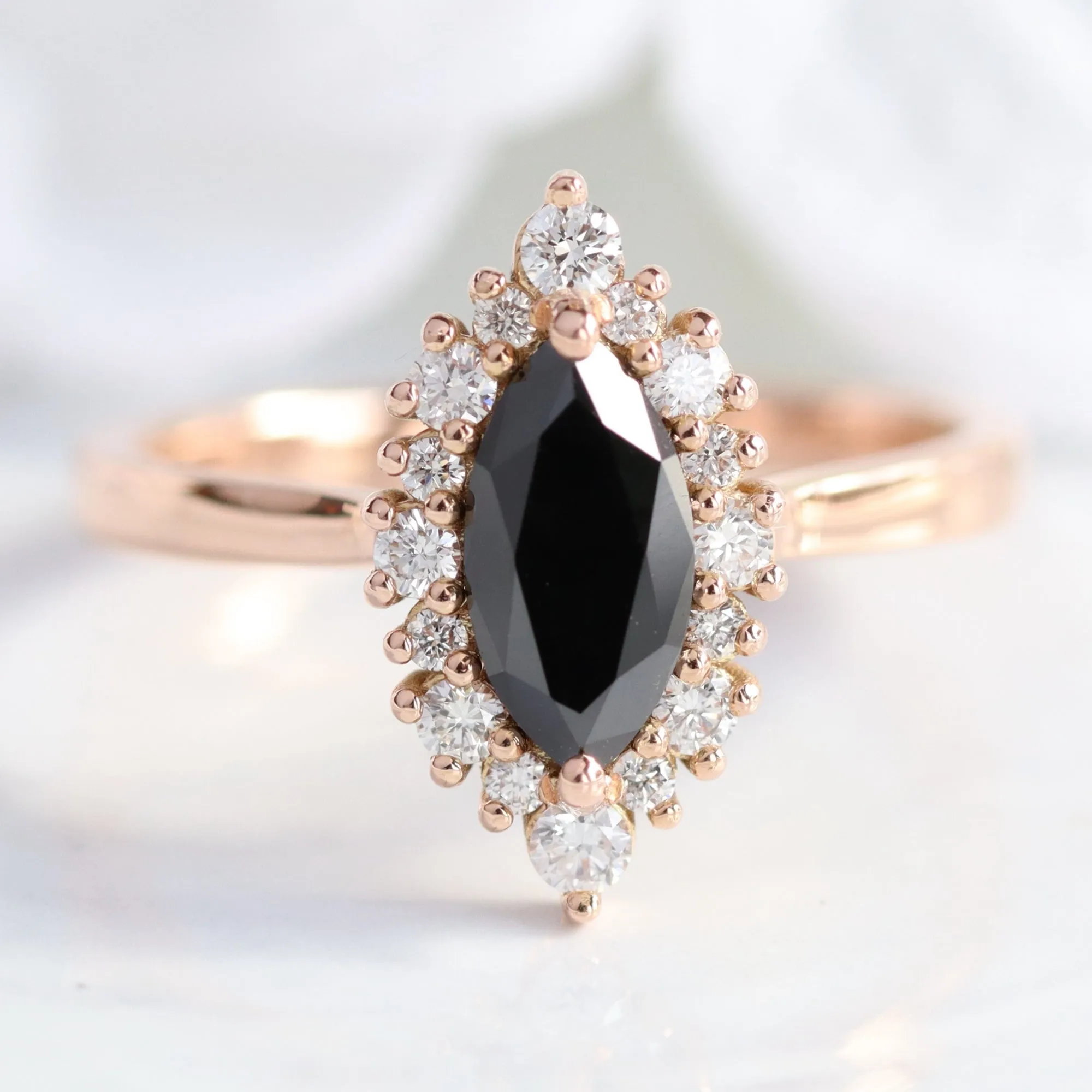 Tiara Halo Marquise Black Diamond Stack w/ Scalloped Wide Wedding Band