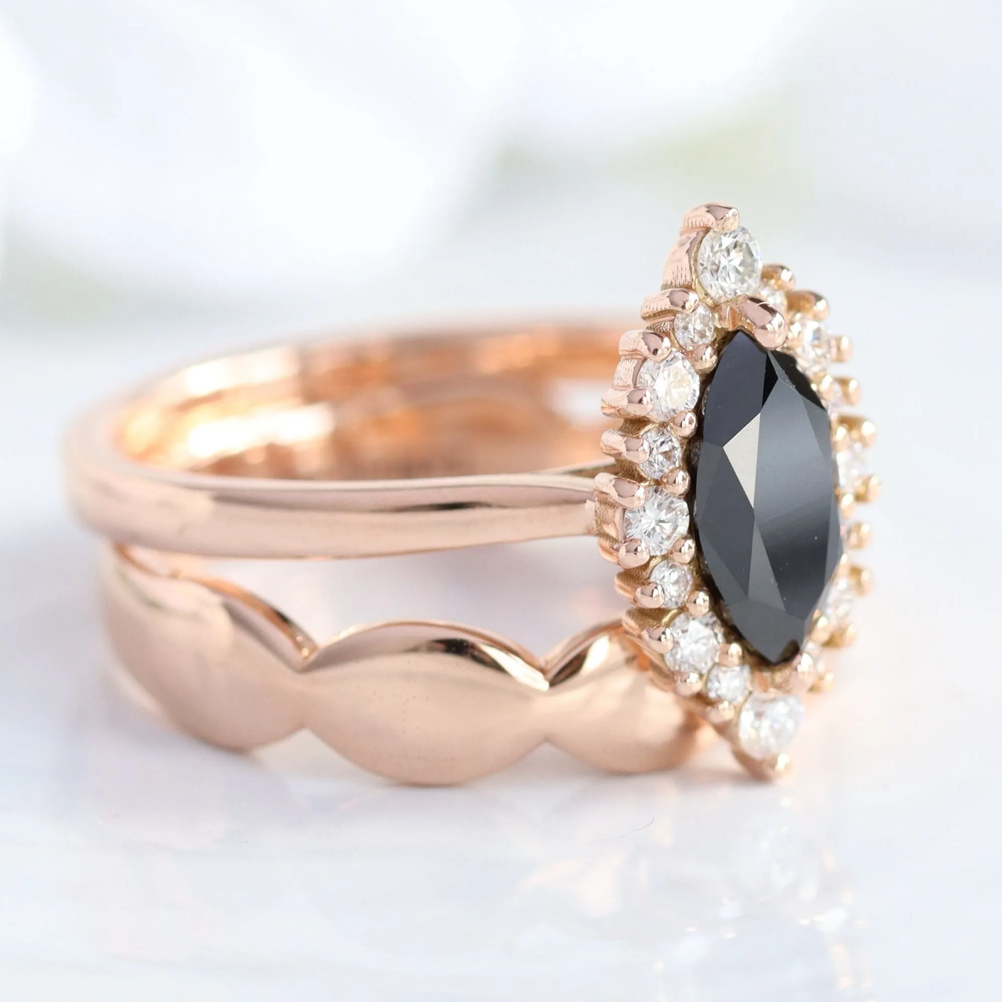 Tiara Halo Marquise Black Diamond Stack w/ Scalloped Wide Wedding Band