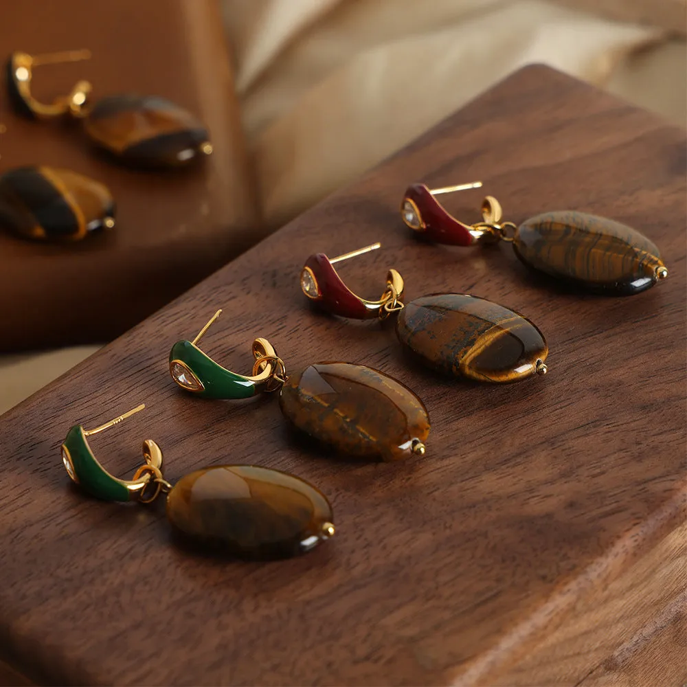 Tiger Eye Stone Pendant with Enamel Earrings Set