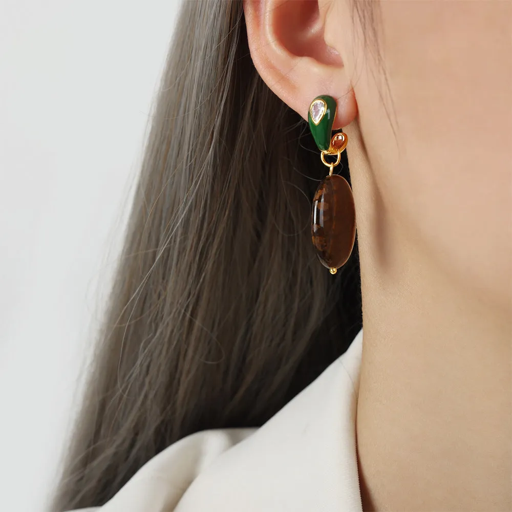 Tiger Eye Stone Pendant with Enamel Earrings Set