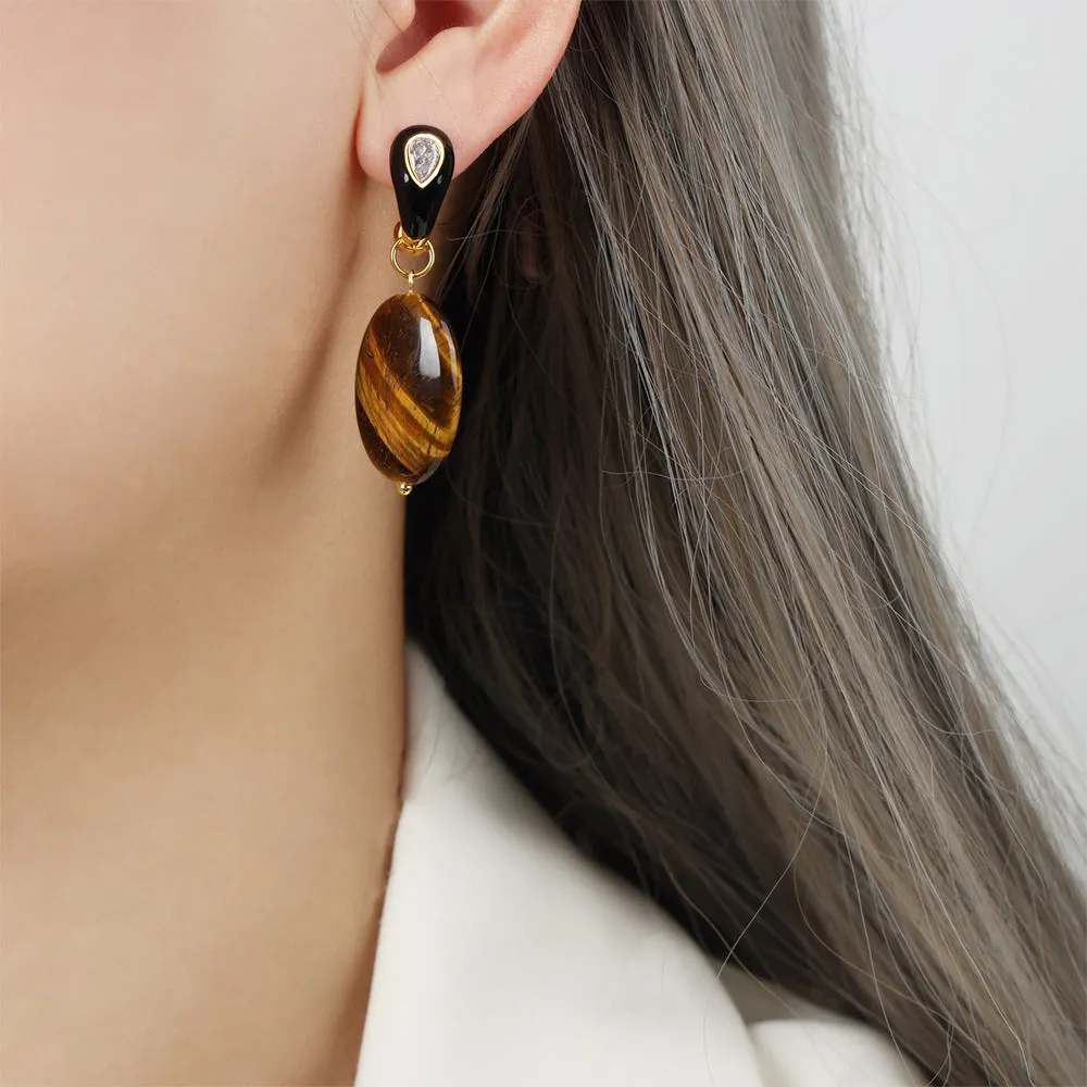 Tiger Eye Stone Pendant with Enamel Earrings Set