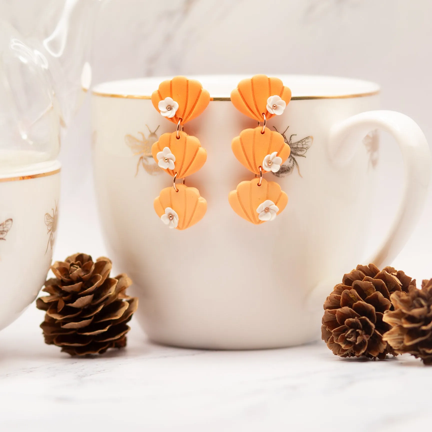Triple Seashells with White Flowers | Shades of Coral | Rose Gold Hardware | Drop Earrings