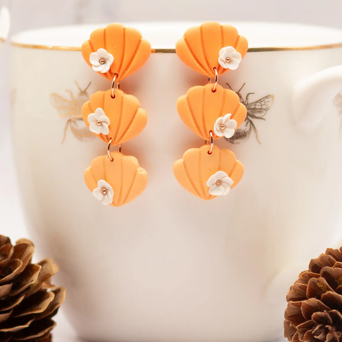 Triple Seashells with White Flowers | Shades of Coral | Rose Gold Hardware | Drop Earrings