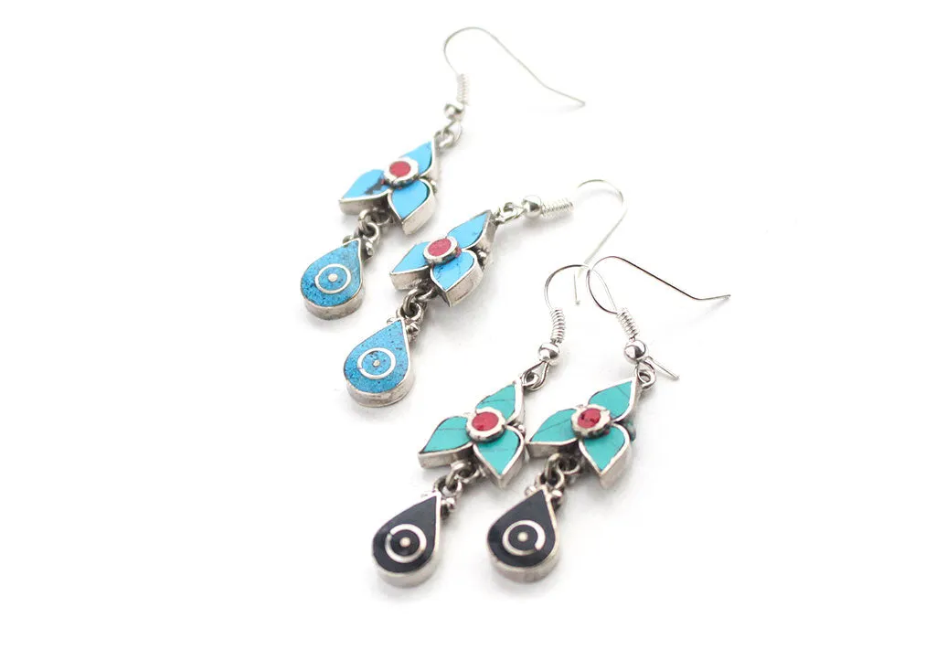 Turquoise and Coral Inlaid Flower Drop White Metal Earrings