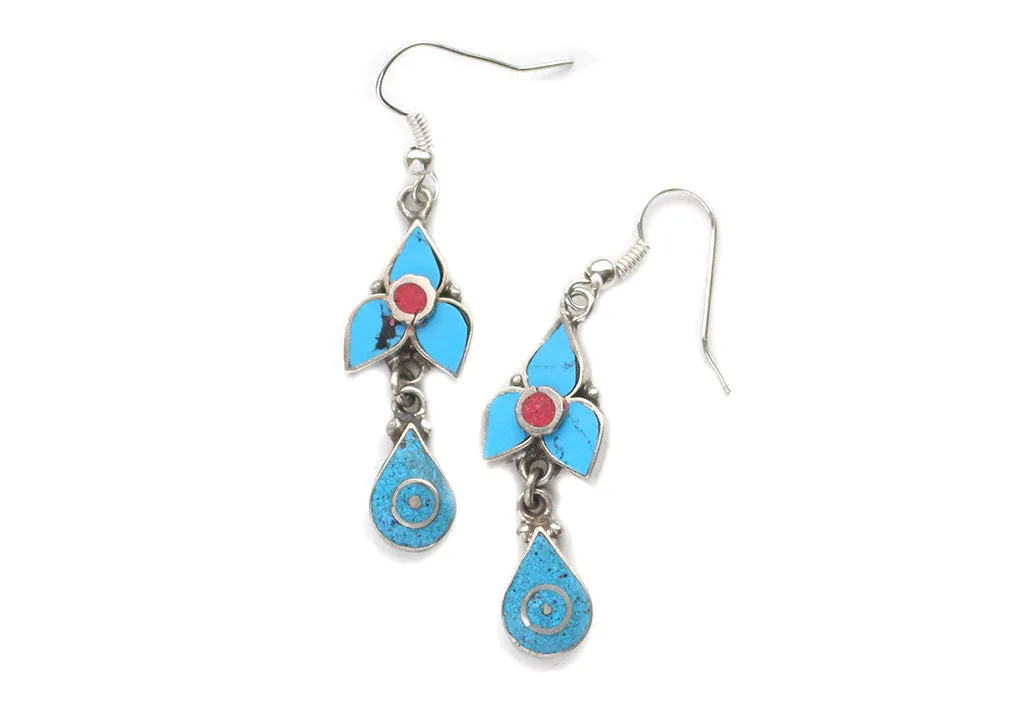 Turquoise and Coral Inlaid Flower Drop White Metal Earrings