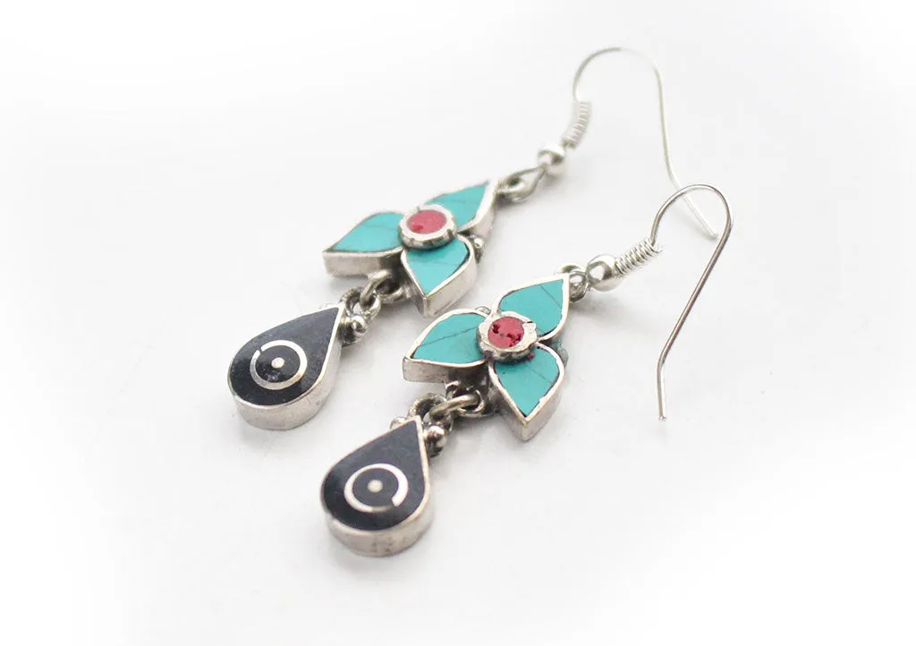 Turquoise and Coral Inlaid Flower Drop White Metal Earrings