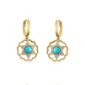 Turquoise Zircon Hexagonal Star Hollow Silver Hoop Earrings for Women