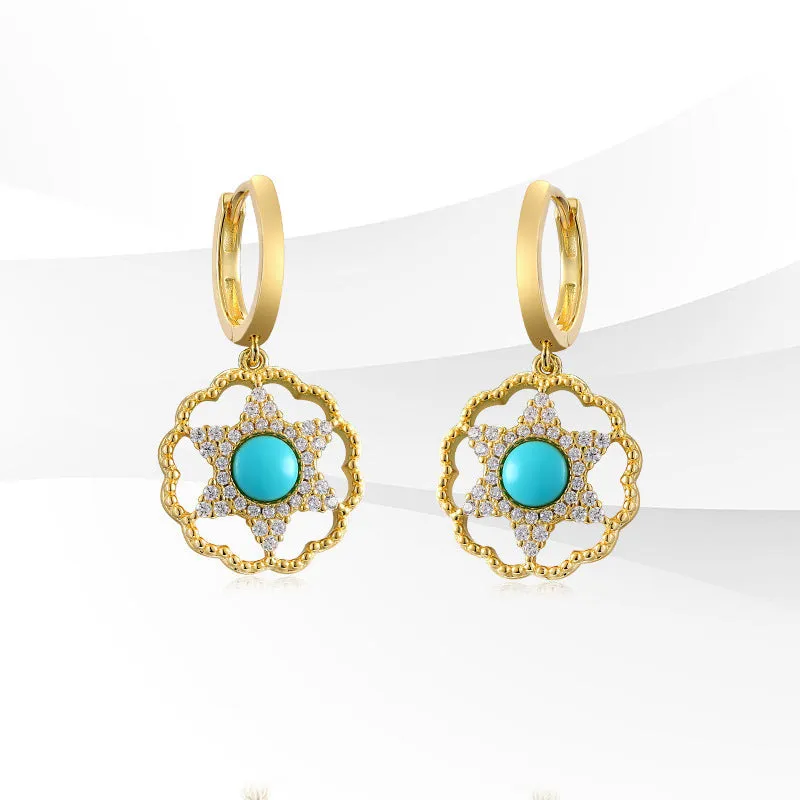 Turquoise Zircon Hexagonal Star Hollow Silver Hoop Earrings for Women