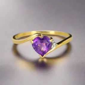 Vintage 14K Gold Bypass Diamond Amethyst Heart Ring